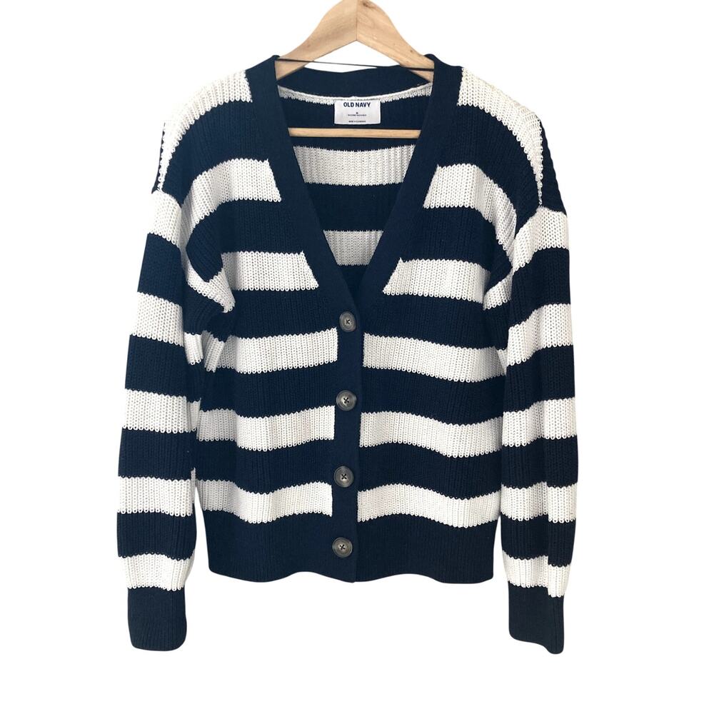 Old Navy Chunky Knit Striped V Neck Cardigan Navy Blue White Medium